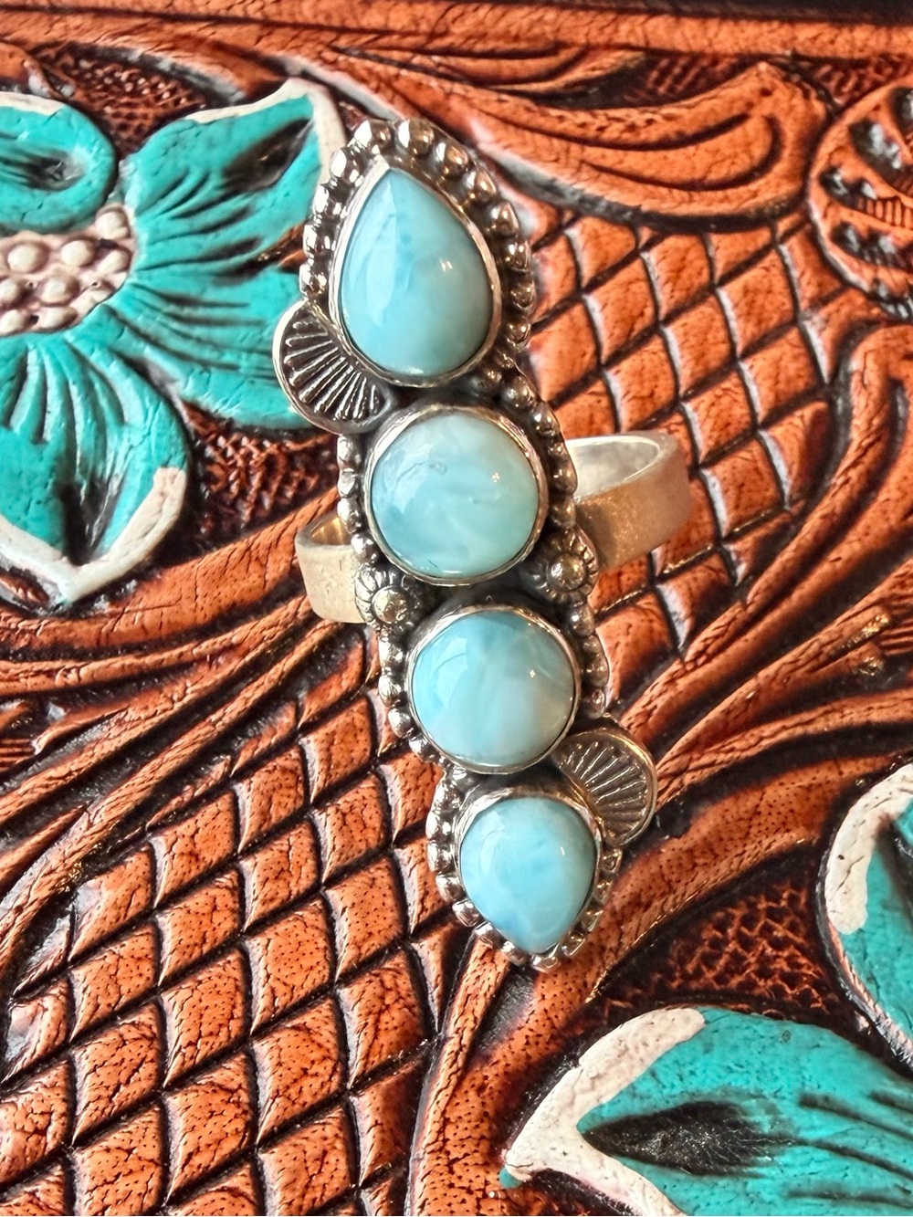 Larimar Turquoise Four Stone 925 Sterling Silver Adjustable Ring - Women Jewelry - Picture 2 of 8
